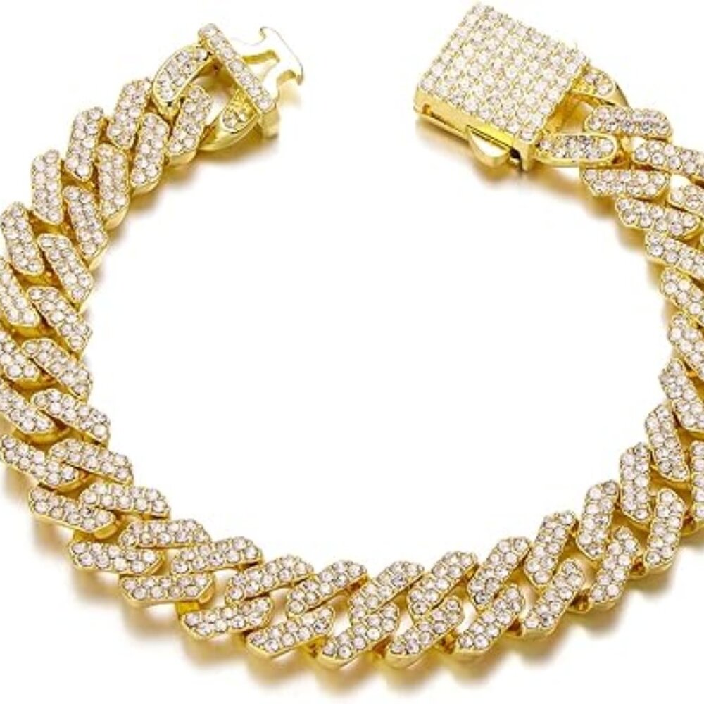 Cuban Link Bracelet Gold with  Rhinestones Bling Luxury Look